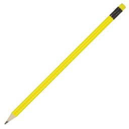 A yellow pencil with a sharpened tip and a black eraser on the end, featuring a simple design.