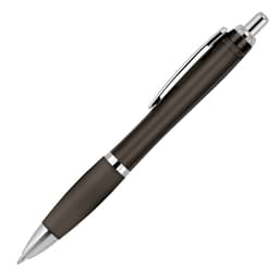 A ballpoint pen featuring a transparent dark grey barrel and silver accents, with a clip for easy attachment.