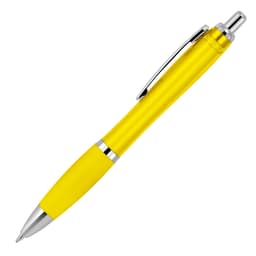 A transparent yellow ballpoint pen with a silver clip and tip. It features a branding logo.