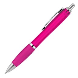 A pink ballpoint pen with a glossy finish and silver accents, featuring a clip for easy attachment.