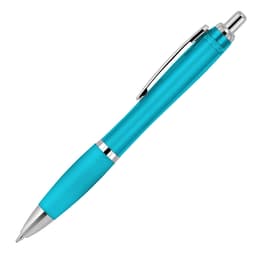 A ballpoint pen in a transparent turquoise colour with silver accents and a clip.