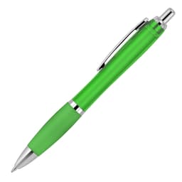 A transparent green ballpoint pen with chrome accents and a rubber grip. It has a silver clip and tip.