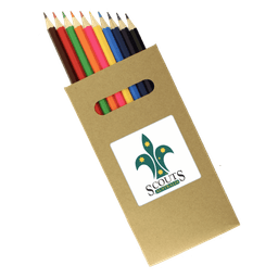 A set of 10 natural wood full-size colouring pencils in various colours, packaged in a cardboard holder with a logo.
