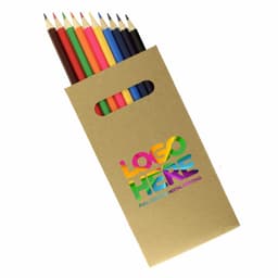 A pack of natural wood full-size colouring pencils in various colours, presented in a kraft paper holder with a logo.