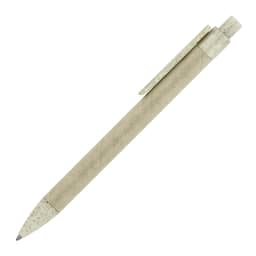 A ballpoint pen in wheat paper with a jade finish, featuring a clip and a pointed tip. It has a logo on its body.