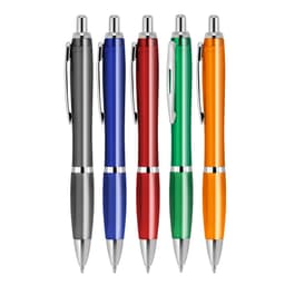 A set of five transparent ballpoint pens in black, blue, red, green, and orange, with silver accents and a logo.