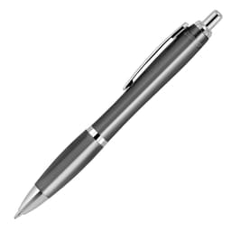 A plastic ballpoint pen in transparent grey with a silver clip and accents, featuring a sleek design.