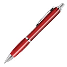 A red ballpoint pen with a transparent design and silver accents. It features a clip and a sleek finish.