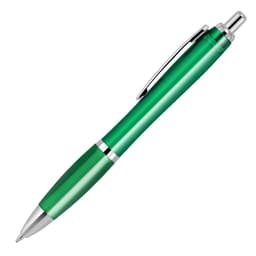 A ballpoint pen featuring a transparent green barrel and silver accents, with a pocket clip.
