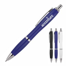 A ballpoint pen in solid blue with a silver clip and an accompanying set of pens in black, white, and blue.