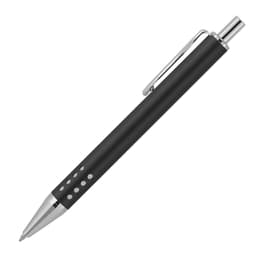 A black ballpoint pen with silver accents and a clip, featuring distinctive dot patterns along the barrel.