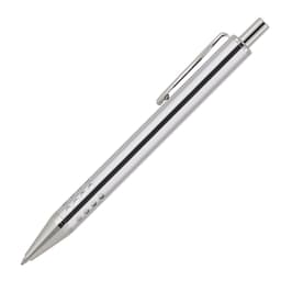 A metal ballpoint pen in silver with a sleek design and a clip, featuring decorative holes along the barrel.