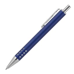 A blue ballpoint pen with a silver clip and decorative holes, featuring a sleek executive design and branding.