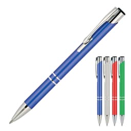 A metallic blue ballpoint pen with silver accents, alongside red, green, silver, and black pens. All have a branding logo.