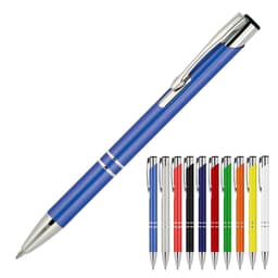 A metallic blue ballpoint pen with a silver clip, accompanied by various pens in red, yellow, green, black, and white.