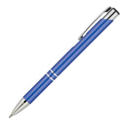 A metallic blue ballpoint pen with a shiny silver clip and detailing, featuring a branding logo.