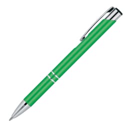 A metallic green ballpoint pen with silver accents and a clip. The pen has a sleek, executive design and a logo.