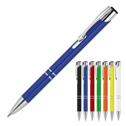 A metallic ballpoint pen in blue, alongside pens in black, red, green, orange, yellow, and white, featuring a sleek design.