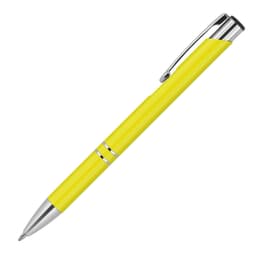 A metallic yellow ballpoint pen with silver accents and a sleek design. It features a clip and a logo.