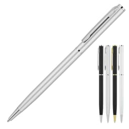A metal ballpoint pen in matte silver, accompanied by black, white, and gold variants. Featuring a branding logo.