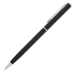 A matte black ballpoint pen with silver accents and a clip, featuring a branding logo.