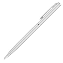 A silver matte ballpoint pen with a sleek design and a clip, featuring a logo on the body.