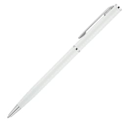 A metal ballpoint pen in matte white with silver accents and a clip, featuring a branding logo.