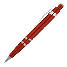 A red ballpoint pen with silver accents and a clip, featuring a sleek design and smooth finish.