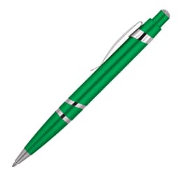 A green ballpoint pen with silver accents and a clip, featuring a sleek design.