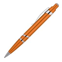 An orange ballpoint pen with silver accents and a clip, featuring a sleek, modern design.