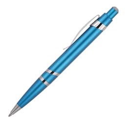 A blue ballpoint pen with silver accents and a clip, featuring a sleek design. It has a branding logo.