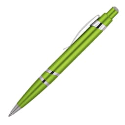 A green ballpoint pen with silver accents. The pen features a sleek design and a clip for easy attachment.