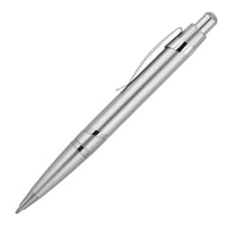 A silver ballpoint pen with a sleek design and chrome accents, complete with a clip and a logo.