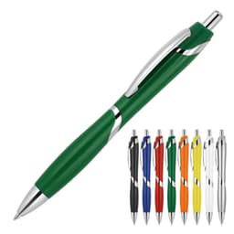 A ballpoint pen named "Sally" in green, featuring a chrome clip and various other colours displayed below.