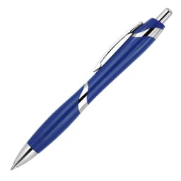 A blue ballpoint pen with silver accents and a clip, featuring a sleek, curved design. It has a logo on its body.