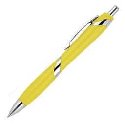 A yellow ballpoint pen with a chrome clip and twisted design, featuring a logo on the body.