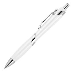A ballpoint pen in white with chrome accents and a sleek design. It features a clip and a smooth surface.