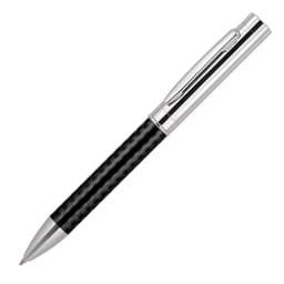 A metal ballpoint pen featuring a carbon fibre finish in black and silver accents, with a sleek design and clip.