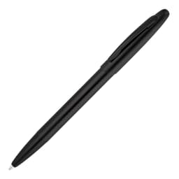 A black matte ballpoint pen with a sleek design and a clip, featuring a logo on the side.