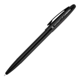 A black ballpoint pen with a matte finish and a clip, featuring a logo.