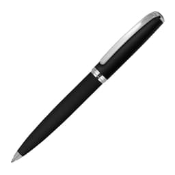 A black metal ballpoint pen with a matte rubber grip and silver accents. It features a branding logo.