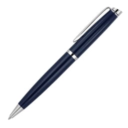 A ballpoint pen in navy blue with chrome trim and a sleek, modern design. Features branding on the surface.