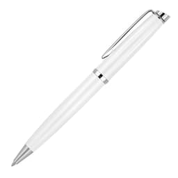 A ballpoint pen in white with chrome trim accents and a metal clip. It features a branding logo.