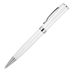 A ballpoint pen in white with silver accents, featuring a smooth finish and a clip for easy attachment.