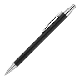 A black matte ballpoint pen with a silver clip and tip, featuring a branding logo.
