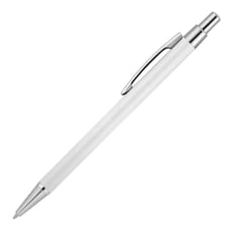 A metal ballpoint pen in matte white with silver accents and a clip, featuring a logo.
