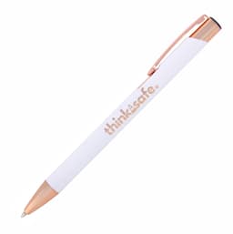 A ballpoint pen with a white barrel and rose gold trim, featuring a logo.
