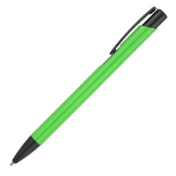 A green ballpoint pen with a black trim and clip, featuring a sleek, streamlined design.