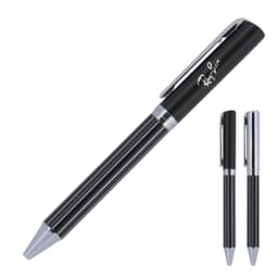 A metal ballpoint pen in black with chrome accents and a branding logo on the side.