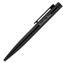 A sleek black ballpoint pen with a clip and branding, featuring a shiny finish and a streamlined design.